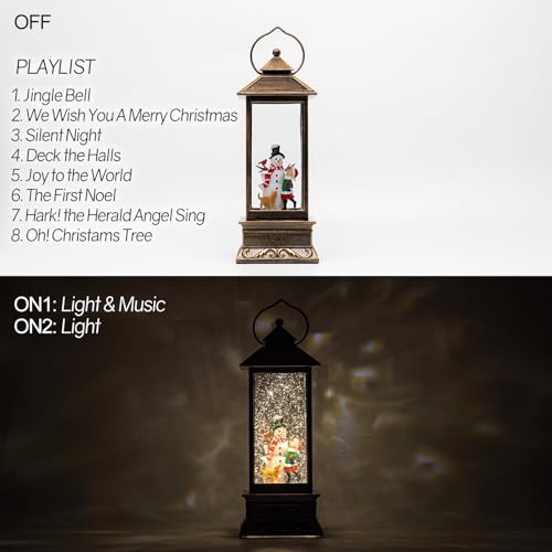 12\" Christmas Snow Globe Lantern with Snowman and Kid - Water Swirling Glitter LED Light Lantern with Music - Vintage Xmas Gifts - USB Plug or Battery Operated Home Decor (Snowman and Kid)