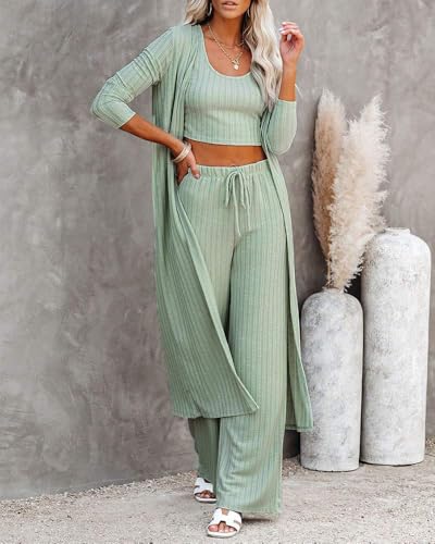 Fessceruna Womens 3 Piece Lounge Sets Pajamas Knit Long Sleeve Cardigan Crop Top Wide Leg Pants Loungewear Set3