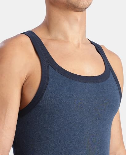 Image of Jockey US27 Men Super Combed Cotton Rib Square Neck Gym Vest Dark Denim Melange & Navy S