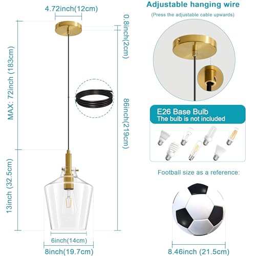 Image of Glass Pendant Lighting for Kitchen Island Entryway 3 Pack Gold Clear 8 Inch | Adjustable cord Dimmable, E26 bulbs, Rust-resistant Damp Rated For Bathrooms, 5-Year Manufacturer Warranty, UL Certification