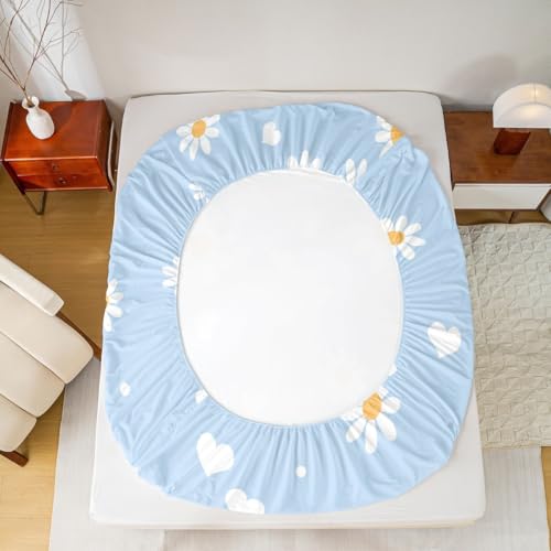 Image of Daisy Flowers Bed Sheet Set Kids Garden Theme Sheets Set 4pc Yellow White Blue Microfiber Soft Bedding Set,1 Flat Sheet,1 Deep Pocket Fitted Sheet,2 Pillow Cases(King Size)