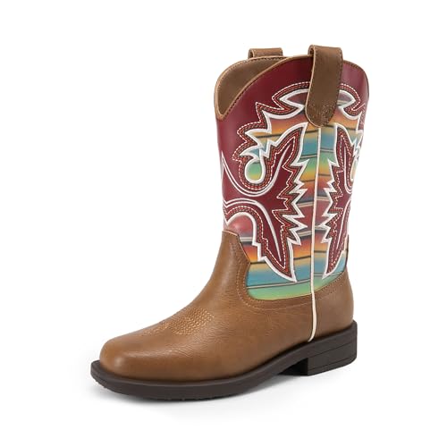 DREAM PAIRS Boys Girls Cowboy Boots Toddler Mid Calf Western Boots Square Toe Riding Boots for Kids 10 Toddler Brown/Multi