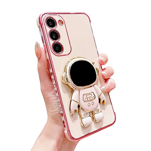 phylla Compatible with Samsung Galaxy S23 6.1" Cute Cartoon Astronaut Hidden Stand Holder Case for Women Luxury Plating Cute Heart Side Pattern Soft Silicone Shockproof Kickstand Cover (Pink)