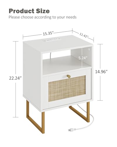 Image of Rattan Nightstand with Charging Station, Boho Night Stand Farmhouse Wood Bedside Table with Storage and Open Shelf, End Side Accent Table for Bedroom,Living Room,White