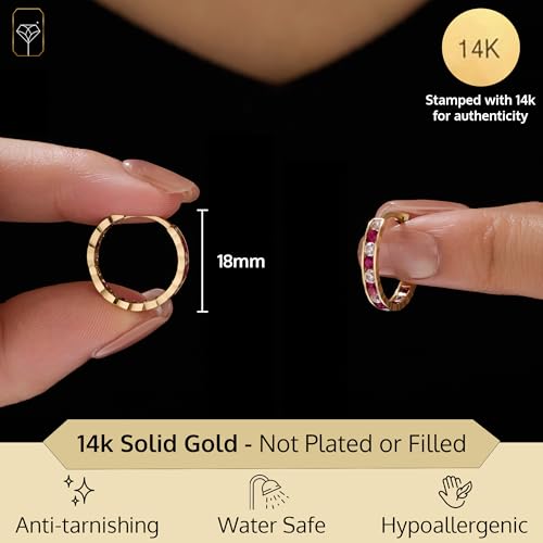 Small Solid 14K Gold Huggie Earrings for Women with White, Pink and Red CZs | Hypoallergenic Cubic Zirconia Hoops with Diamond Cut in 11MM, 14MM and 18MM by MAX + STONE2