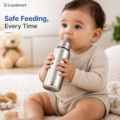 Image of Stainless Steel Baby Feeding Bottle Baby Feeder 250ml BPA Free No Plastic Contact Hygienic Safe Use Soft Silicone Nipple And Leak Resistant Infant Milk Bottle for Newborn & Babies (Silver, 250ml)