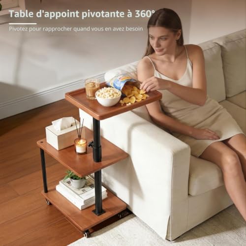 Bingyouth Table Roulante en Bois Massif avec Plateau Creux Table d’Appoint Bout de Canapé Mobile avec roulettes et Freins Hauteur Réglable 47 71 cm Meuble Design pour Salon Chambre Bureau – vue 6