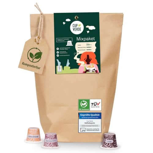 CUP VERDE Mixpaket Kaffeekapseln kompostierbar - [80 Kapseln - kompatibel mit Nespresso®] - Kaffee - 100% Arabica - ohne Aluminium - Kapselkaffee - Röstkaffee - Kaffeegenuss - Vorratspackung - Vegan