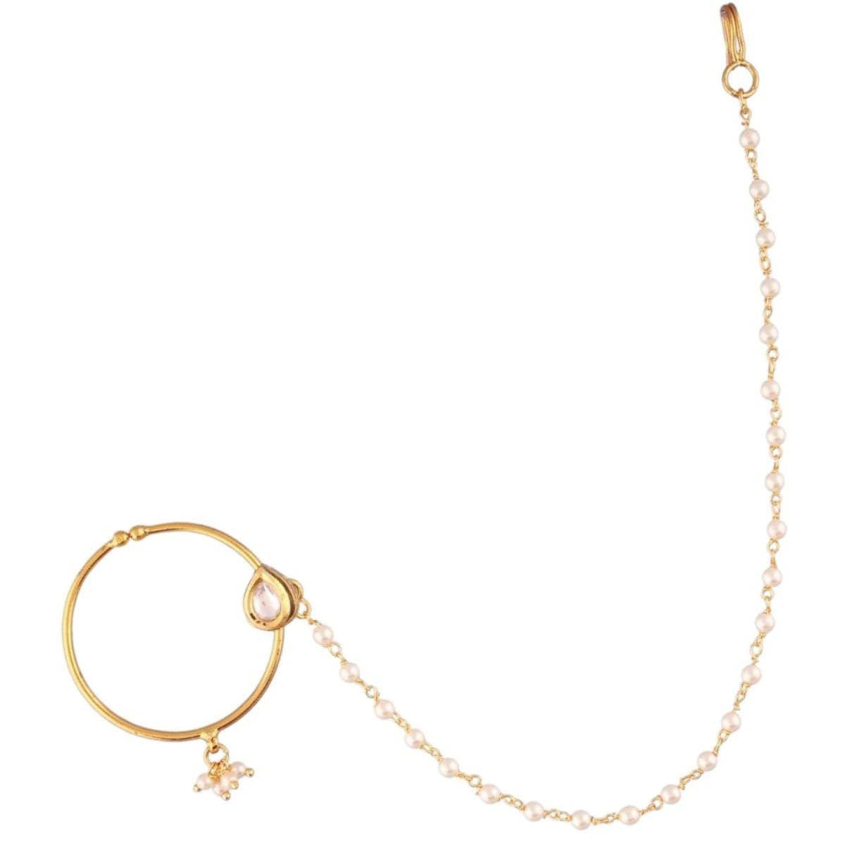 JWELLA Gold Plated Traditional Ethnic Bridal Nose Ring/Nath without piercing with Pearl Chain Encased with Pearl Stone for Women/Girls (B0D9QX2Z5G) Amazon Price History, Amazon Price Tracker
