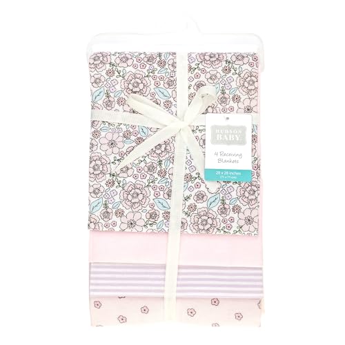 Image of Hudson Baby Unisex Baby Cotton Polyester Flannel Receiving Blankets, Outline Floral Soft Pink, One Size