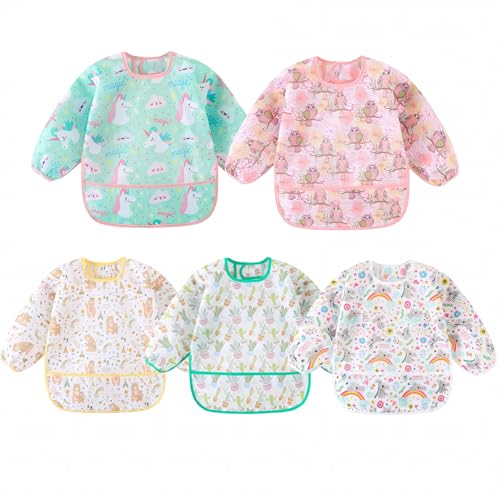 Yunguui Babero con Mangas,5 Pcs,Bebe Babero Impermeable Babetes Bebe para 5-30 Meses
