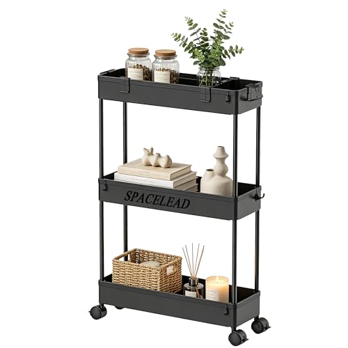 SPACELEAD Slim Storage Cart 3 Tier,Bathroom Organizer Rolling Utility,Mobile Shelving Unit Slide Out for Office, Kitchen, Laundry Room & Narrow Places,Black