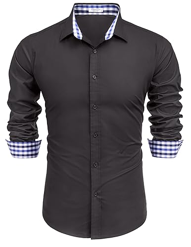 COOFANDY Men Fashion Dress Shirts Long Sleeve Plaid Button Down Shirts Solid Slim Fit Business Formal Casual Dress Shirt Dark Grey Gray XXL 2XL