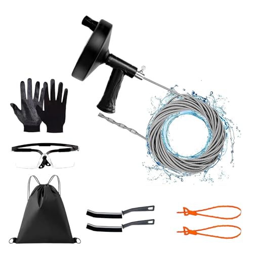 Drain Snake Auger 33 Feet,Spiral Drill Drain Cleaner for Toilet, Sink, Shower & Bathtub,Hair & Blockage Removal Tool ,Reusable Eco-Friendly Kit with Gloves & Safety Glasses