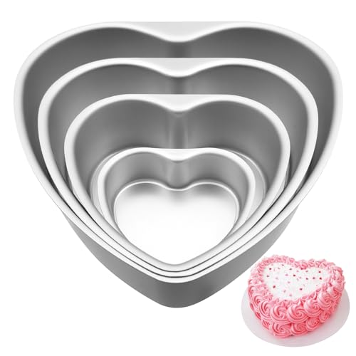Aluminum Heart Shaped Cake Pans, 4pcs Nonstick Baking Pan with Removable Bottom 4/6/8/10 Inches Cake Mold for Valentine’s Day Wedding Birthday Anniversary