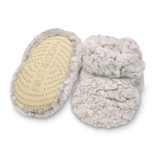 Fruit of the Loom Cozy Thermal Wrap Booties with Non-Skids for Baby Girls, Boys, Unisex - Oatmeal Sherpa (12-18 Months)