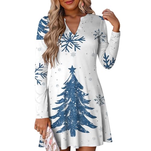 Damen Weihnachtskleid Langarm mit V-Ausschnitt und Festlichen Motiven Herbstkleid Damen Beige XL