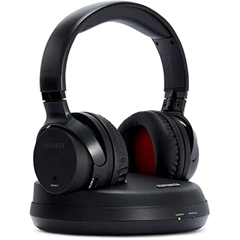 Aiwa WHF-930D (UK) Wireless TV Headphones (RF), HiFi Cinema Sound System with Optical Connection. Wireless RF Transmission, 3-Channel Selector, Fully Rechargeable Docking/Black Cover