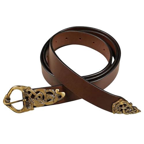 Mythrojan “Midgard Serpent” Viking Leather Belt with Solid Brass Buckle & Chape, Ideal for Shieldmaiden & Warrior in LARP SCA
