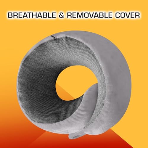 Image of Billebon Memory Foam Travel Neck Pillow with Magnetic Fabric Luxury Neck Support Pillow for Comfortable Travel, Washable Removable Cover (Grey with Eye Mask)