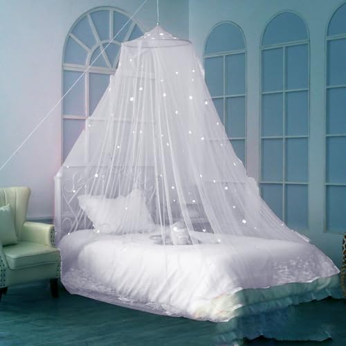 Pink Hanging Mosquito Net Round Princess Bed Canopy White Dustproof Fine Mesh Mosquito Nets with Glow in The Dark Luminous Stars (White, 60cmx250cmx850cm)