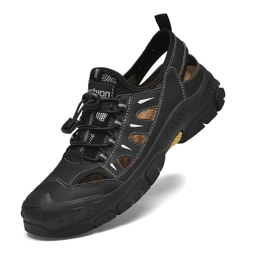 Men's Leather Cutout Lace-Up Platform Hiking Sandals Summer Lightweight Breathable Outdoor Casual Beach Sandals for Outdoor Walking Driving