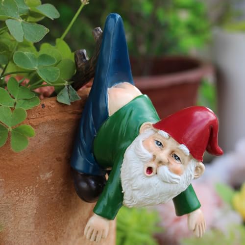 JARPSIRY Funny Garden Gnome Statue Flower Pot Hugger, Pants Hanging on Branch Gnome Figurine Resin Sculpture Outdoor Decor Patio Lawn Yard Fence Plant Pot Ornaments