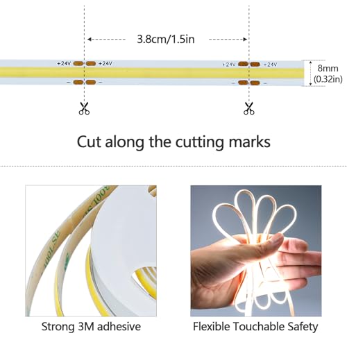 GOMING DC 24V COB LED Strip Light Cool White 6000K 5M 1560LEDs CRI 93+ 4100lm Uniform Glow Flexible Not Waterproof IP20 LED Tape Lights for DIY Bedroom Kitchen Home Decor(No Power Supply) - Image 3
