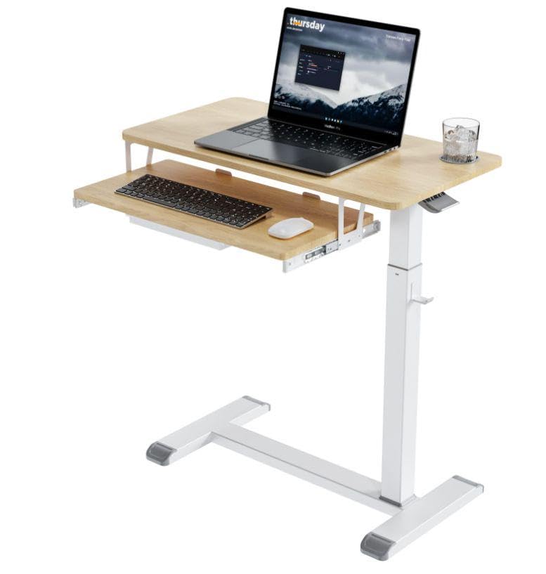 Bijzettafel, Mobiel Sta-Bureau Met 4 Rollende Wielen, in Hoogte Verstelbaar, Bedtafel Voor Woonkamer, Slaapkamer, Medisch - 60 * 34.5 * 58-90cm ( Houtkleur