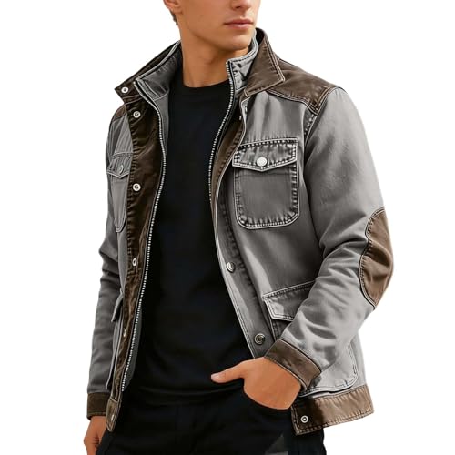 Modeewel Chaqueta vaquera para hombre, chaqueta de verano, chaqueta deportiva, chaqueta de fitness, chaqueta informal de senderismo, chaqueta de piel patchwork, chaqueta informal vintage, chaqueta