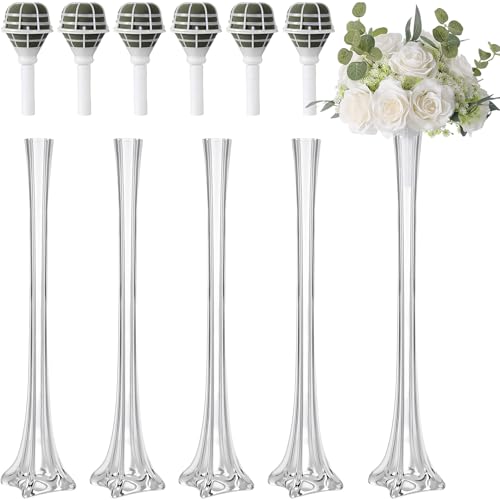 Irenare 4 Pcs 20 Eiffel Tower Vases with 6 Foam Floral Bouquet Holders Glass Floral Container with Bridal Bouquet Handle Flower Centerpiece for Bridal Shower Wedding Home Arrangement Decor(Clear)