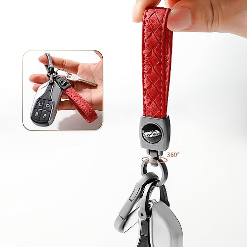 Image of Gkeygo Carabiner Keychain, Universal Heavy Duty Woven Handmade Leather Key Chain, Car Fob Key Keychains with 360 Degree Rotatable Snap Swivel and Anti-Lost D-Ring for Men and Women, Gunmetal - Red
