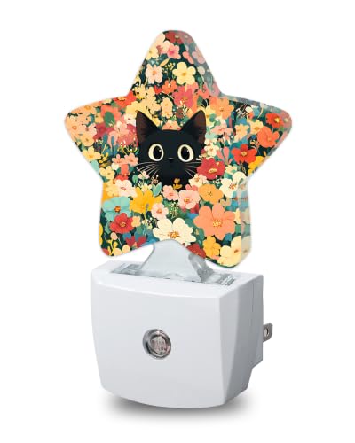 Image of Star Night Light Plug in, Flower Cat Dusk to Dawn Sensor Night Light, Soft Glow Lamp for Kids Bedroom Nursery Hallway Bathroom, Energy Saving Compact Design