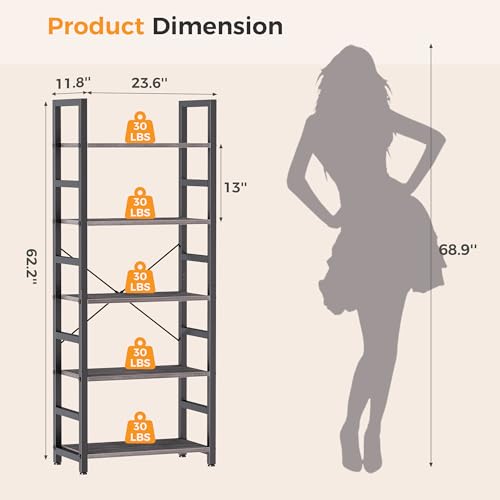 Image of DUMOS 5-Tier Bookshelf, Modern Tall Bookcase, Open Storage Display Shelf for Living Room, Bedroom, Home Office, Narrow Standing Shelving Unit for Books, CDs, Decor,Wood Grey