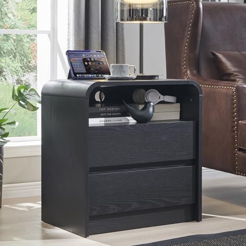 Image of Aitjunz 25 inch Tall Modern Nightstand with Charging Station, 23.6'' Wide Wood Bedside Table w /2 Storage Drawers, Large Mid Century End Table for Bedroom, Living Room, Curved Profile Design, Black