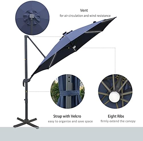 Outsunny 3(m) Cantilever Roma Parasol Garden Sun Umbrella Outdoor Patio with Crank & Tilt Aluminum Frame LED Solar Light Cross Base 360° Rotating