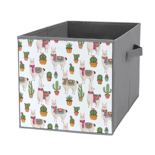 PPIKTC Space-Saving Fabric Storage Cubes, Llama And Cactus, Collapsible Baskets