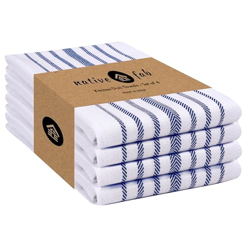 Native Fab Kitchen Dish Towels 16"x26" Set of 4 Herringbone Weave - Scandia Stripe 100% Cotton Tea Towels, Dishcloths, Washable Absorbent Hand Towels with Hanging Loop - Blue White