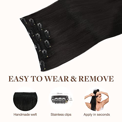Image of GOO GOO Clip in Hair Extensions Real Human Hair, Remy Human Hair Extensions Clip ins for Women, Natural Human Hair, 16inch 65g 4Pcs, 1B Natural black