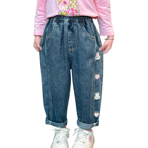 Toddler Little Girls Embroidery Barrel Jeans Kids Casual Denim Joggers Soft Relax Fit Ankle Length Trousers 24M-7Y3