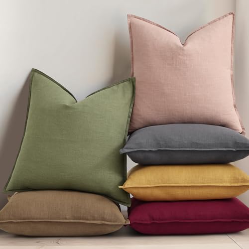 Image of decorUhome Decorative Linen Throw Pillow Covers 18x18 Inch Set of 2 Olive Green Pillow Covers with Flange Edges Soft Farmhouse Boho Accent Pillow Cases for Couch Bed Living Room