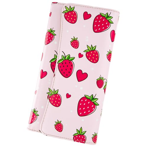 Image of Womens Wallet Leather RFID Blocking Trifold Ladies Purse long Clutch Credit Card Holder Phone Checkbook Organizer (Strawberry Hearts)