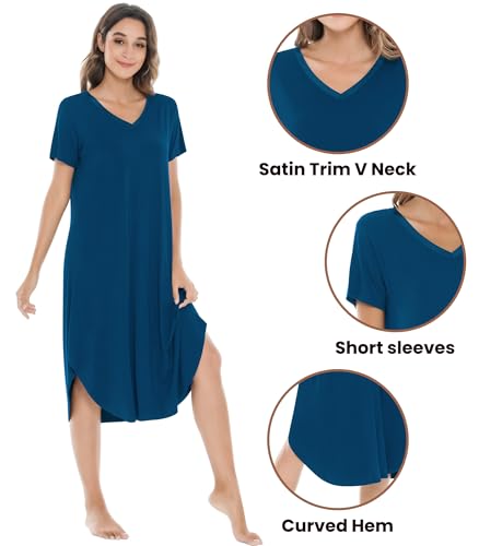 Image of NACHILA Nightgowns for Women-Viscose Made from Bamboo, V Neck Sleepshirts Short Sleeve Sleepwear Cool Nightshirt