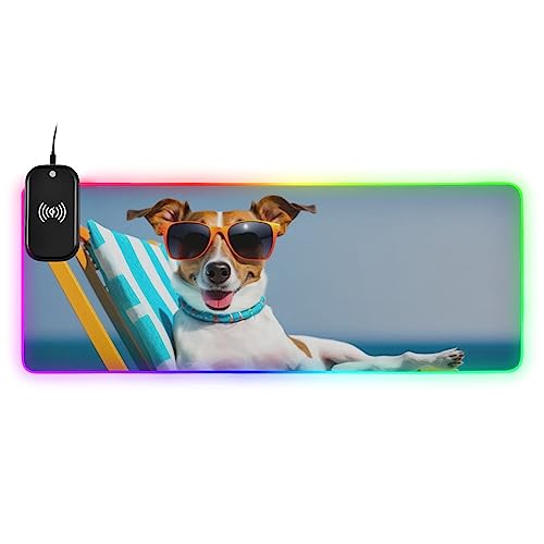 VEKELEE Dog with Sunglasses Sunbathing on Sun Lounger Gaming Mouse Pad Wireless Glowing Mouse Pad with 14 Lighting Effects, Non-Slip Rubber Base, Suitable for Gamers 35.4x15.7In