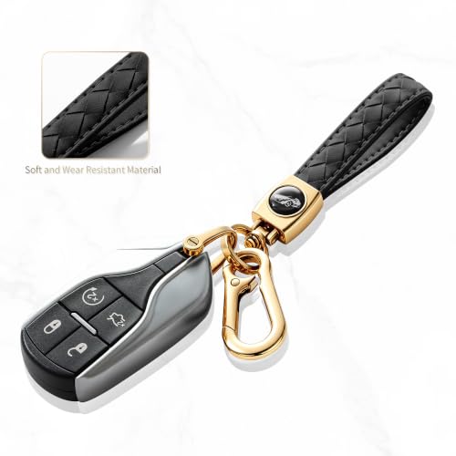 Image of Gkeygo Carabiner Keychain, Universal Heavy Duty Woven Handmade Leather Key Chain, Car Fob Key Keychains with 360 Degree Rotatable Snap Swivel and Anti-Lost D-Ring for Men and Women,Light Gold - Black