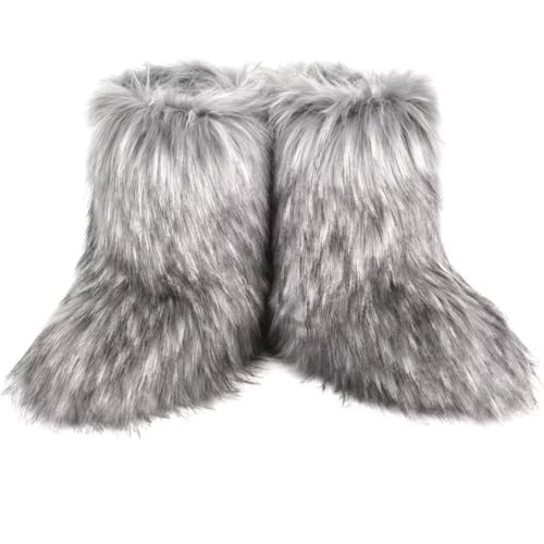 Image of Fashion Fur Boots,Flat Heel Comfy Plush Warm Snow Booties,2025 Winter Outdoors Furry Boots,Mid-Calf Faux fur Boot for Women.