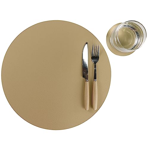 Wipeable Placemats and Coasters Leather Table Mats Waterproof Heat-Resistant Easy to Clean for Dining Table Set Kitchen Table Set of 6, Buff
