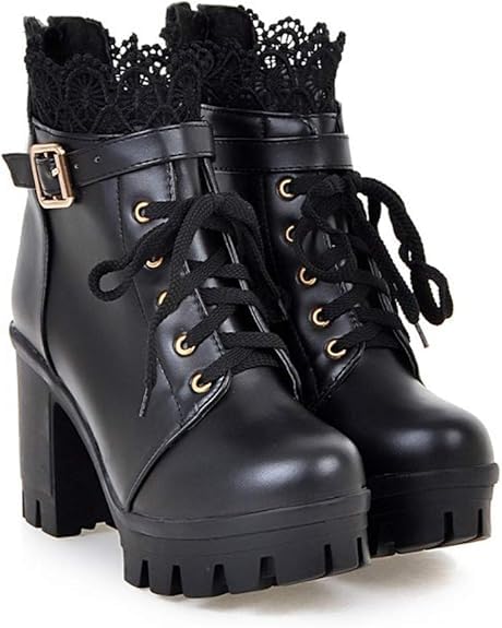 Hbeylia Women's Platform Combat Boots Fashion Lace Leather Chunky Pump Ankle Booties Leather Goth Anti Slip Lace Up High Heels Riding Short Boots For Women Bride Wedding Halloween Cosplay Party