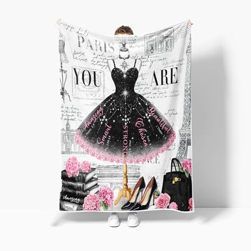 Image of Paris Black Tutu Floral Flannel Throw Blanket, Vintage Eiffel Tower High Heel Handbag Cozy Decor Blanket for Couch Bedroom Camping, Gift Blanket for Women Girls Home Fans,50X60 Inch