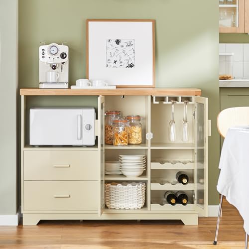 SoBuy Modern Kitchen Sideboard with Microwave Shelf and Wine Rack – 120cm White Storage Cabinet with Glass Doors for Dining Room, Living Room or Hallway - Image 2